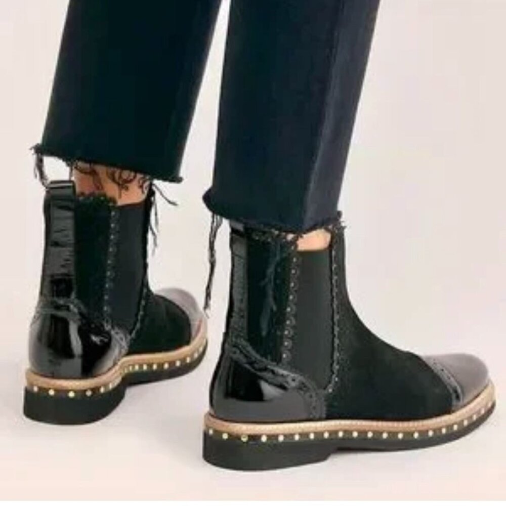 Free People Atlas Black Suede Leather Studded Chelsea Moto Ankle Boots - Picture 9 of 15